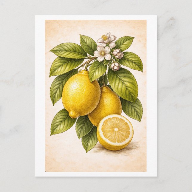 Vintage-Style Lemon Botanical Illustration Postcard (Front)