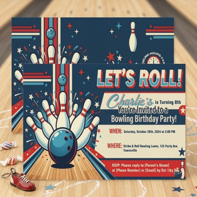 Vintage Style Let's Roll Bowling 8th Birthday  Invitation (Creator Uploaded)
