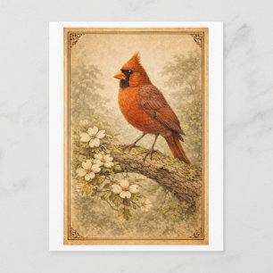 Vintage-Style Male Cardinal Illustration Postcard