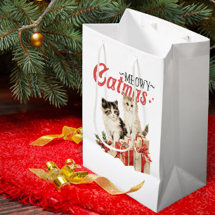 Vintage Style Meowy Catmas Cat Christmas Medium Gift Bag