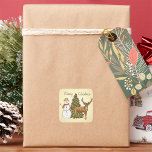 Vintage Style Merry Christmas Square Sticker<br><div class="desc">A vintage style merry christmas scene with a tree a snowman and a reindeer. This design looks really effective on these Stickers</div>