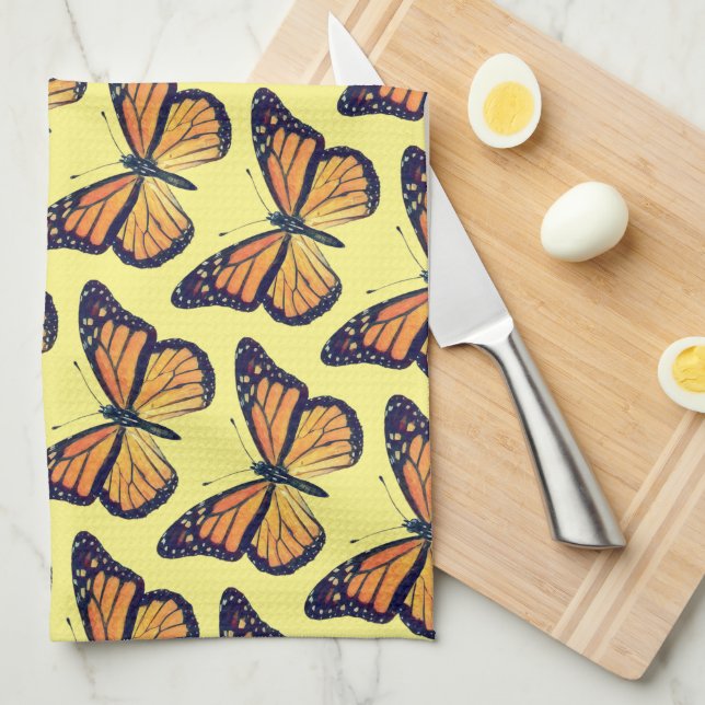 Vintage Style Monarch Butterfly Yellow Kitchen Tea Towel (Quarter Fold)