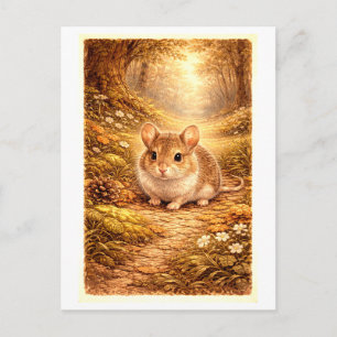 Vintage-Style Mouse in Forest Illustration Postcard
