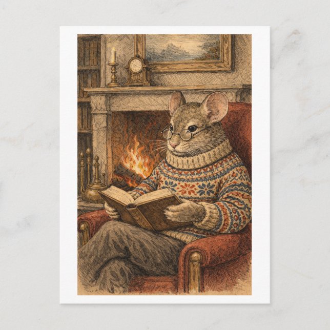 Vintage-Style Mouse Reading a Book Postcard (Front)