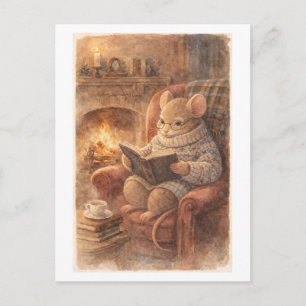 Vintage-Style Mouse Reading by the Fireside Postcard