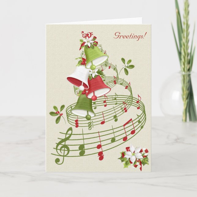 Vintage Style Musical Bells Poinsettias Holly Holiday Card (Front)