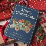 Vintage Style Old Car Mistletoe Christmas Gold<br><div class="desc">Vintage style elegant Christmas card with real gold foil and an old blue car with wreaths and red mistletoe. It features a navy blue background and all the text is editable.</div>