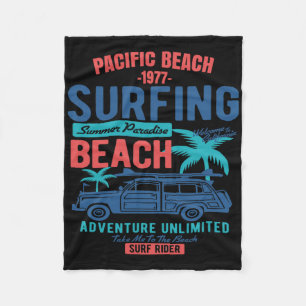 Vintage Style Pacific Beach California Surfing  Fleece Blanket