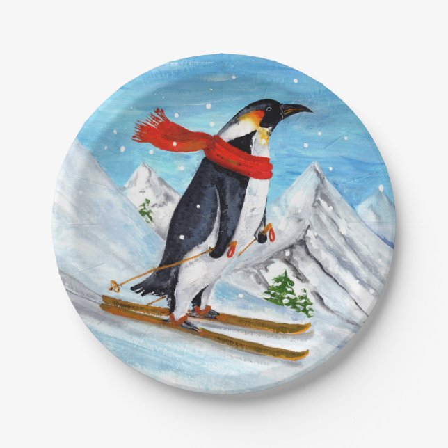 Vintage Style Penguin Downhill Skiing Paper Plate (Front)