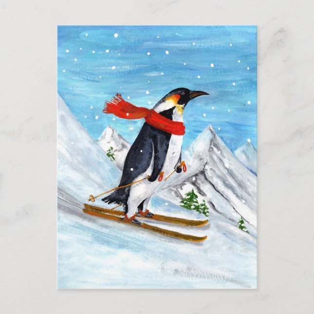 Vintage Style Penguin Downhill Skiing Postcard (Front)