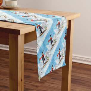 Vintage Style Penguin Downhill Skiing Short Table Runner