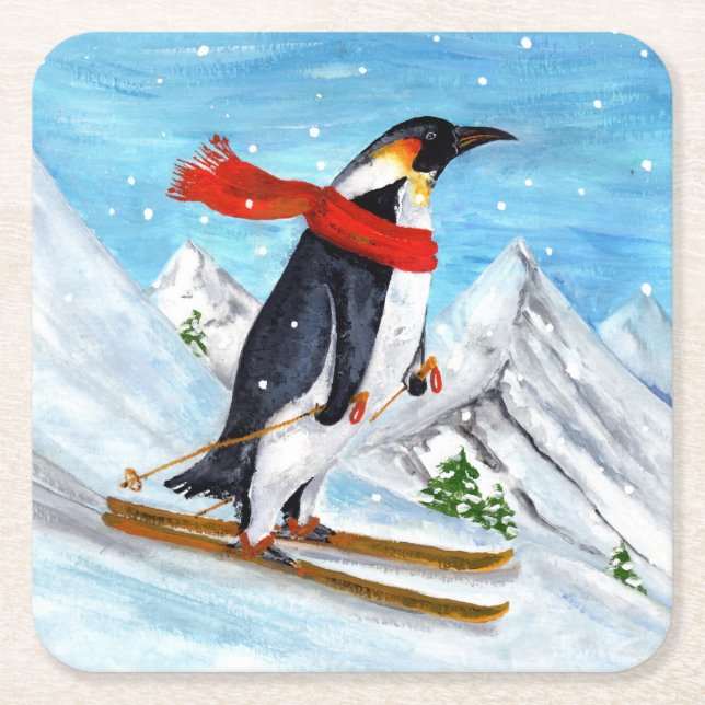 Vintage Style Penguin Downhill Skiing Square Paper Coaster (Front)