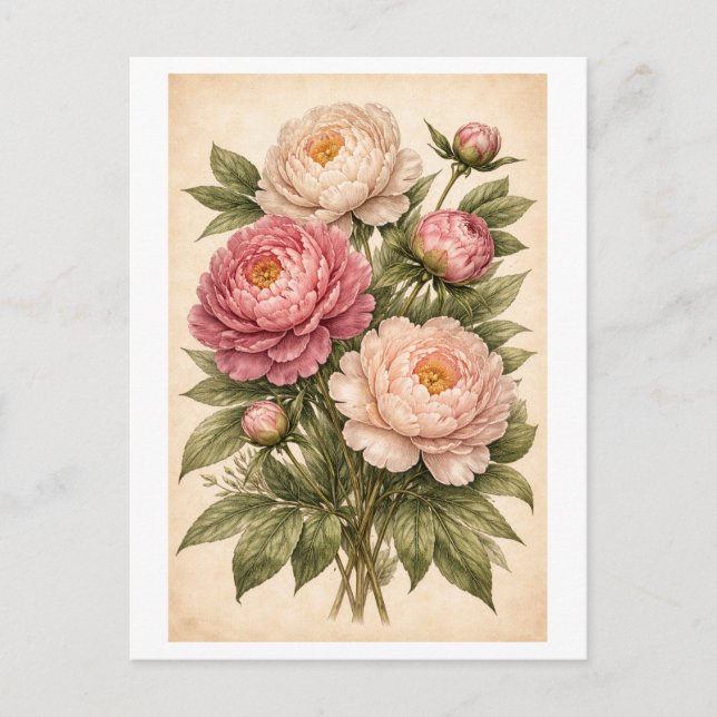 Vintage-Style Peony Botanical Illustration Postcard (Front)