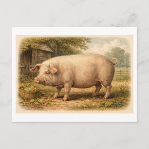 Vintage-Style Pig Illustration Postcard