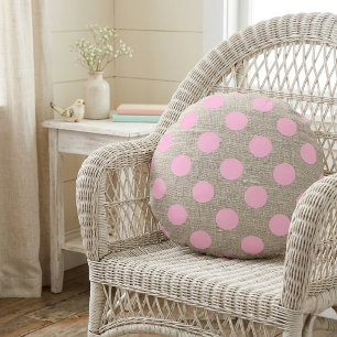 Vintage Style Pink Polka Dots on Burlap Round Cushion