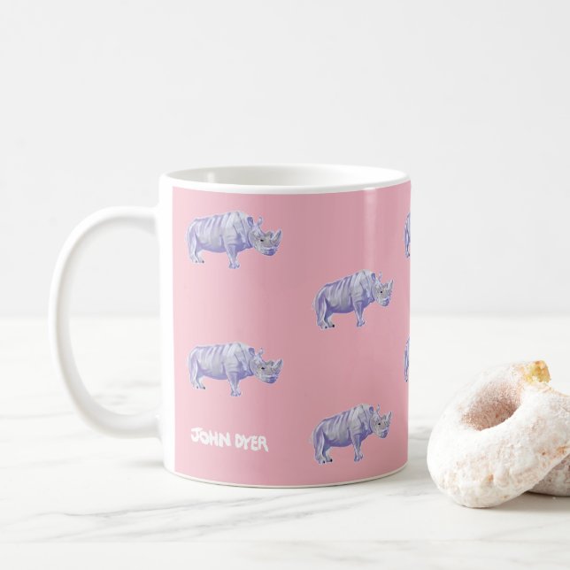 Vintage style pink Rhino mug by John Dyer (With Donut)