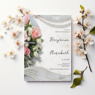 Vintage style pink white rose pearl Wedding Invitation
