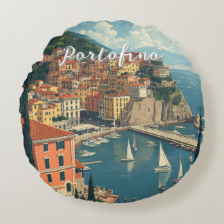 Vintage Style Portofino Genova Italy Round Cushion