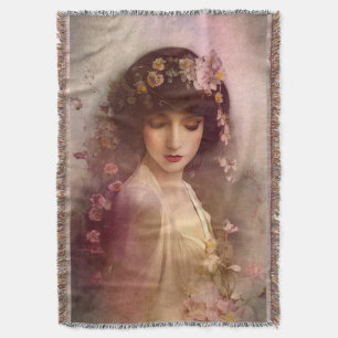 Vintage Style Portrait of Beautiful Floral Woman Throw Blanket