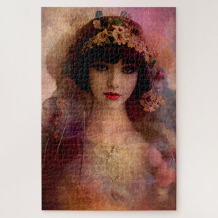 Vintage Style Portrait of Beautiful Woman in Pink Jigsaw Puzzle