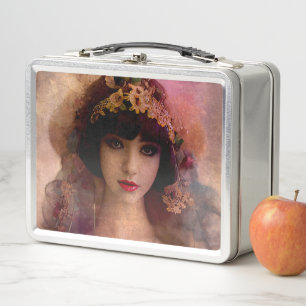 Vintage Style Portrait of Beautiful Woman in Pink Metal Lunch Box