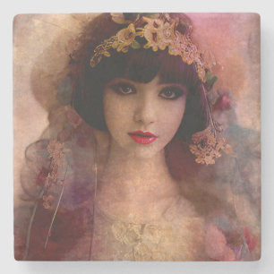 Vintage Style Portrait of Beautiful Woman in Pink Stone Coaster