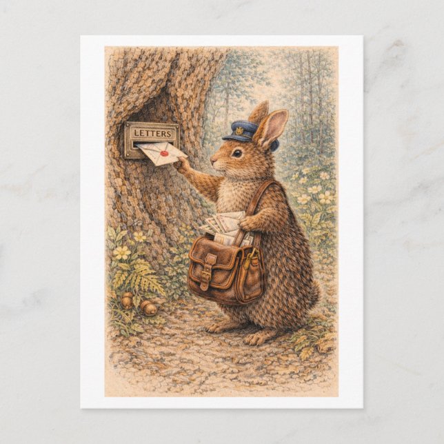 Vintage-Style Rabbit as Mailman Illustration Postcard (Front)