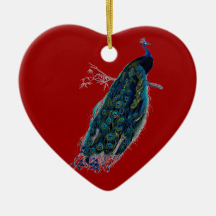 Vintage Style Red Heart Peacock Christmas Ornament