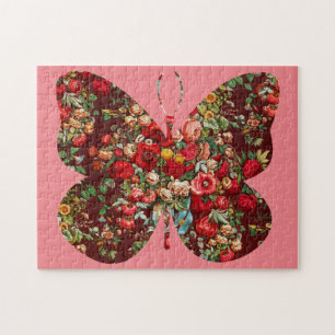 Vintage Style Rose Floral Pink Butterfly Puzzle
