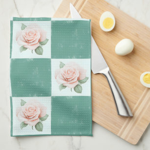 Vintage Style Rose Green-Chequered Tea Towel