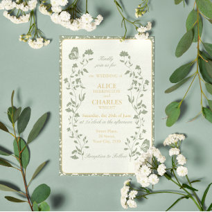 Vintage style Sage Green and Cream Wedding Invitation