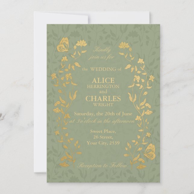 Vintage style Sage Green Wedding Invitation (Front)