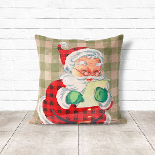 Vintage Style Santa Sage Green Plaid Christmas Cushion