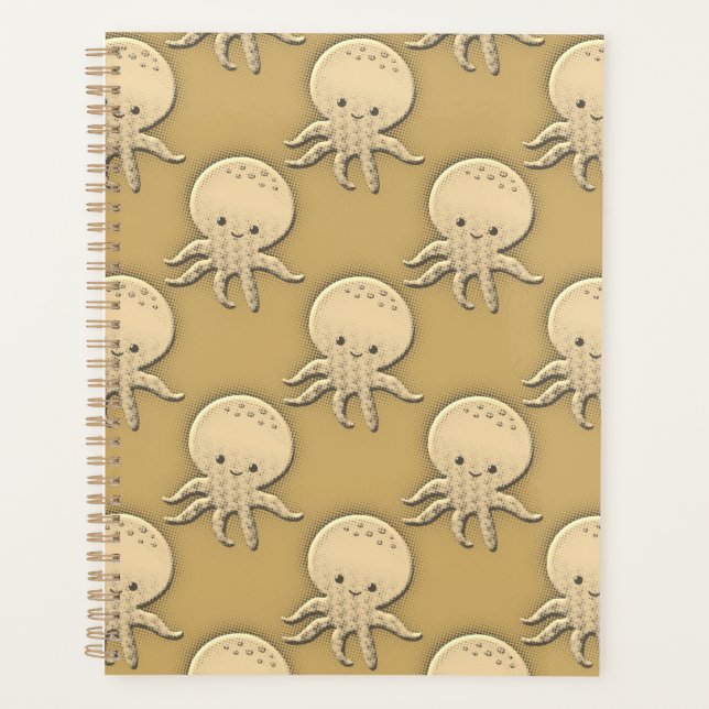 Vintage Style Sepia Baby Octopus Pattern Planner (Front)