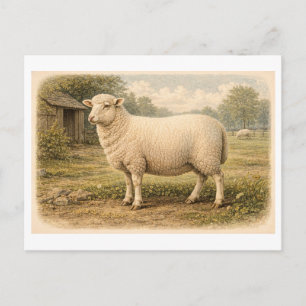 Vintage-Style Sheep Illustration Postcard