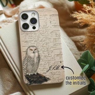Vintage Style Snowy Owl Paper Script Monogrammed  iPhone 13 Case