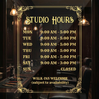 Vintage Style Store Hours Sign. Ornate Gold Frame