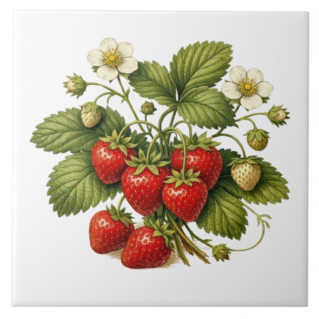Vintage Style Strawberry Plant with Ripe Berries  Tile (Front)
