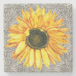 Vintage Style Sunflower Flower Yellow Grey Stone Coaster