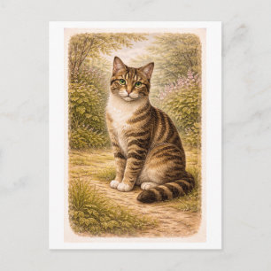 Vintage-Style Tabby Cat Illustration Postcard