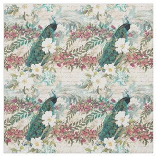 Vintage Style Teal Peacock and Pink Floral Fabric