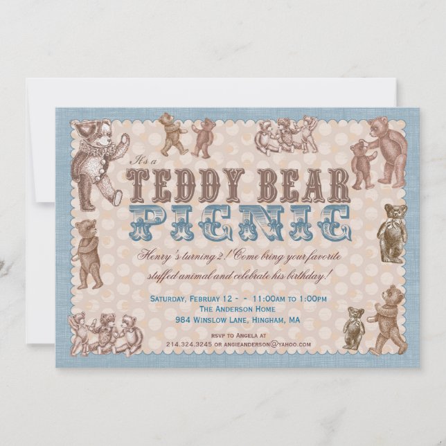 Vintage Style Teddy Bear Picnic Invitation - Blue (Front)