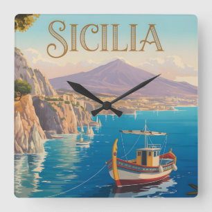 Vintage Style Travel Poster for Sicilia Italy Square Wall Clock