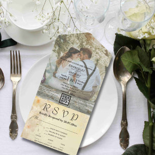 Vintage Style White Sakura  Photo QR Code Website All In One Invitation