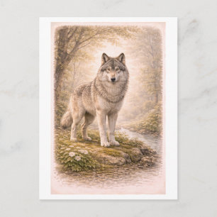 Vintage-Style Wolf Illustration Postcard