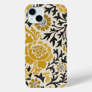 Vintage-style yellow and black floral pattern iPhone 15 mini case