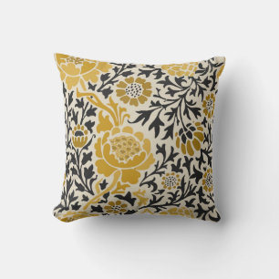 Vintage-style yellow and black floral  pattern cushion