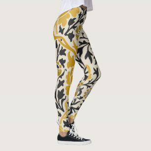 Vintage-style yellow and black floral pattern leggings