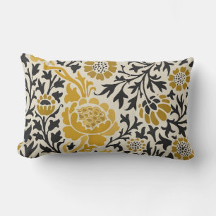 Vintage-style yellow and black floral  pattern lumbar cushion