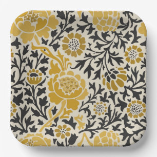 Vintage-style yellow and black floral  pattern paper plate